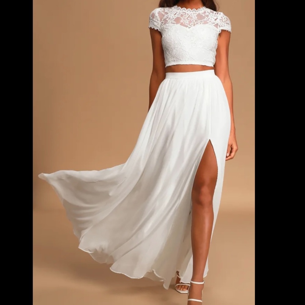 Lulus 2 piece white chiffon and lace Maxi dress